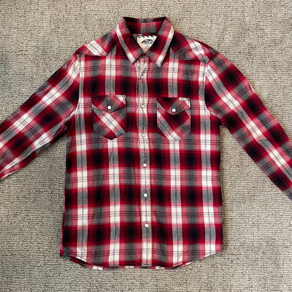 Vans Long-Sleeve Shirt MEDIUM - Red Plaid Country-Style with Button Snaps